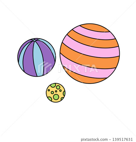 Brightly colored balls float in a simple, playful scene Brightly colored balls float in a simple, playful scene 139517631