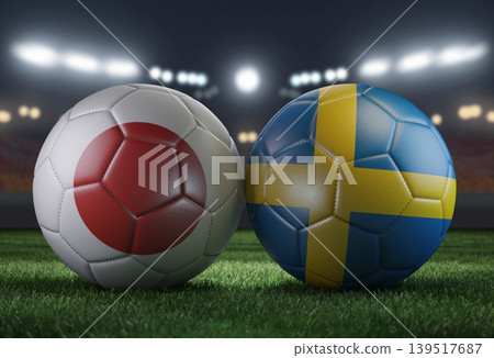 Two soccer balls in flags colors on a stadium blurred background. Japan vs Sweden. 3D image. Two soccer balls in flags colors on a stadium blurred background. Japan vs Sweden. 3D image. 139517687