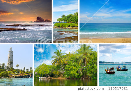 Tropical Island Travel Collage Featuring Beaches Lighthouse and Fishing Boats 139517981