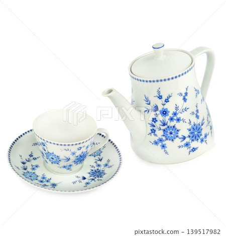 Vintage Porcelain Tea Set with Blue Floral Pattern Isolated on White Vintage Porcelain Tea Set with Blue Floral Pattern Isolated on White 139517982