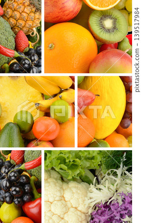 Colorful Healthy Food Collage of Fresh Fruits and Vegetables Colorful Healthy Food Collage of Fresh Fruits and Vegetables 139517984