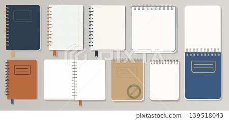 Minimalist Notebook Collection Vector Set of Open and Closed Spiral Journals Kraft and Blue Stationery for Education Branding and Digital Planning Minimalist Notebook Collection Vector Set of Open and Closed Spiral Journals Kraft and Blue Stationery for Education Branding and Digital Planning 139518043
