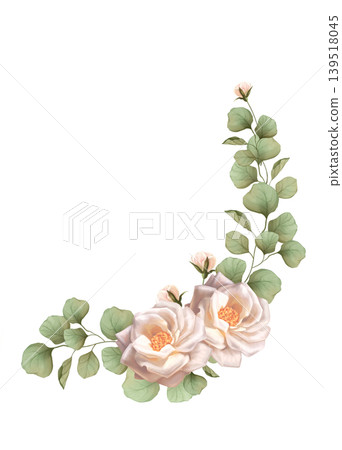 Hand drawn illustration of an elegant floral corner with soft white roses and green eucalyptus foliage. Isolated on white background. Botanical decorative element with buds for wedding invitations Hand drawn illustration of an elegant floral corner with soft white roses and green eucalyptus foliage. Isolated on white background. Botanical decorative element with buds for wedding invitations 139518045