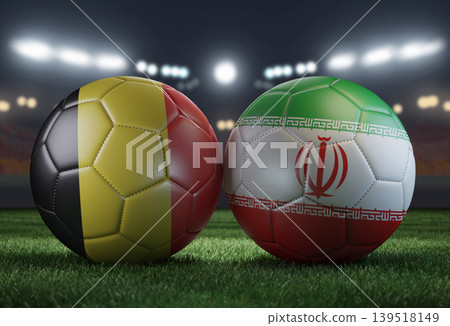 Two soccer balls in flags colors on a stadium blurred background. Belgium vs Iran. 3D image. Two soccer balls in flags colors on a stadium blurred background. Belgium vs Iran. 3D image. 139518149