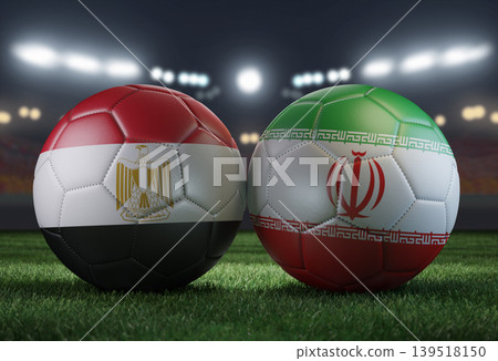 Two soccer balls in flags colors on a stadium blurred background. Egypt vs Iran. 3D image. Two soccer balls in flags colors on a stadium blurred background. Egypt vs Iran. 3D image. 139518150