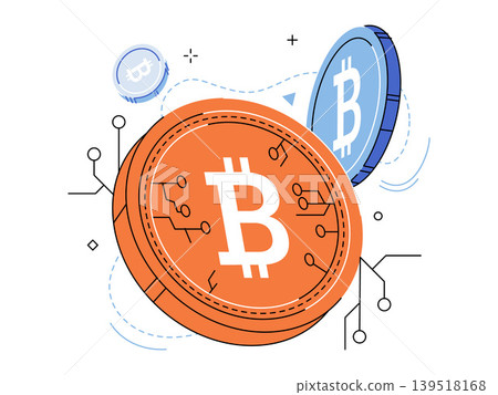 Bitcoin coins with circuit patterns vector illustration. Blockchain technology, digital finance, crypto trading, fintech innovation, virtual currency, electronic payment. Decentralized money token Bitcoin coins with circuit patterns vector illustration. Blockchain technology, digital finance, crypto trading, fintech innovation, virtual currency, electronic payment. Decentralized money token 139518168