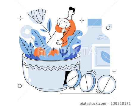 Man prepares natural remedies using a mortar and pestle vector illustration. Herbal medicine, homeopathy, organic pharmacy, wellness, supplement production, alternative therapy. Person grinding Man prepares natural remedies using a mortar and pestle vector illustration. Herbal medicine, homeopathy, organic pharmacy, wellness, supplement production, alternative therapy. Person grinding 139518171
