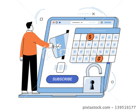Man using credit card on laptop screen vector illustration. Recurring payments, digital membership, financial planning, online banking, service access, monthly billing. Person with bank card Man using credit card on laptop screen vector illustration. Recurring payments, digital membership, financial planning, online banking, service access, monthly billing. Person with bank card 139518177
