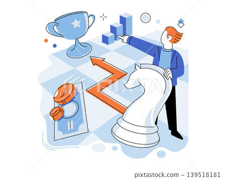 Businessman moves chess knight toward trophy and growth chart vector illustration. Strategic planning, financial growth, competition, leadership, goals, success. Professional handling game piece Businessman moves chess knight toward trophy and growth chart vector illustration. Strategic planning, financial growth, competition, leadership, goals, success. Professional handling game piece 139518181