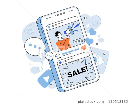 Smartphone social media marketing with man using megaphone vector illustration. Digital advertising, online shopping, brand promotion, e-commerce, viral marketing, retail. Mobile phone advertisement Smartphone social media marketing with man using megaphone vector illustration. Digital advertising, online shopping, brand promotion, e-commerce, viral marketing, retail. Mobile phone advertisement 139518183