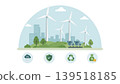 Sustainable city landscape with wind turbines, solar panels and eco-friendly icons vector illustration. 139518185