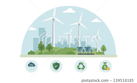 Sustainable city landscape with wind turbines, solar panels and eco-friendly icons vector illustration. Sustainable city landscape with wind turbines, solar panels and eco-friendly icons vector illustration. 139518185