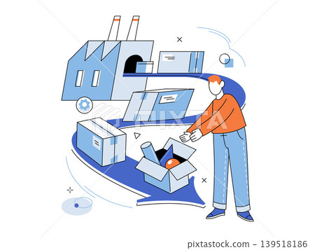 Man packing boxes on a conveyor belt from a factory vector illustration. Supply chain, logistics, manufacturing, distribution, shipping, production. Worker organizing parcels near a plant Man packing boxes on a conveyor belt from a factory vector illustration. Supply chain, logistics, manufacturing, distribution, shipping, production. Worker organizing parcels near a plant 139518186