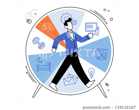 Man walking in a clock wheel with activity icons vector illustration. Time management, work life balance, routine, productivity, burnout, lifestyle. Professional moving through schedule 139518187