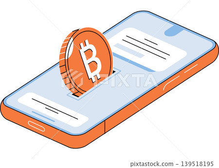 Bitcoin coin inserted into a smartphone slot vector illustration. Crypto trading, mobile banking, fintech, digital investment, blockchain, online payment. Crypto token entering a cellular device Bitcoin coin inserted into a smartphone slot vector illustration. Crypto trading, mobile banking, fintech, digital investment, blockchain, online payment. Crypto token entering a cellular device 139518195