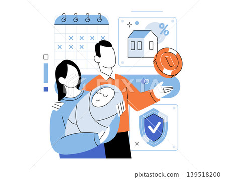 Young family with a newborn baby planning their future vector illustration. Mortgage planning, life insurance, financial security, family budget, real estate, parenting. Parents holding infant child Young family with a newborn baby planning their future vector illustration. Mortgage planning, life insurance, financial security, family budget, real estate, parenting. Parents holding infant child 139518200