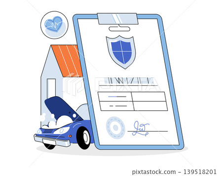 Insurance document with broken car and house vector illustration. Car insurance, home protection, health coverage, risk management, security, assistance. Policy form near damaged vehicle and building 139518201