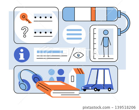 Digital dashboard with security and lifestyle icons vector illustration. Personal data, insurance, smart living, digital identity, user profile, information management. Interface with symbols 139518206