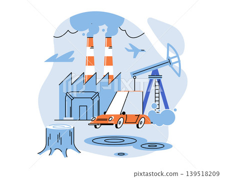 Industrial landscape with factory smoke and oil pump vector illustration. Climate change, global warming, carbon footprint, environmental crisis, industry, ecology. Production plant emitting fumes 139518209