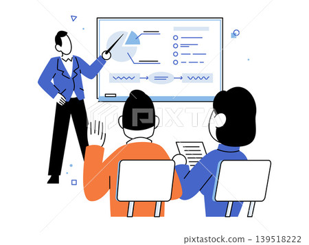 Man points to whiteboard charts while people watch vector illustration. Business training, seminar, data analysis, workshop, marketing strategy, team meeting. Presenter gesturing to a board 139518222