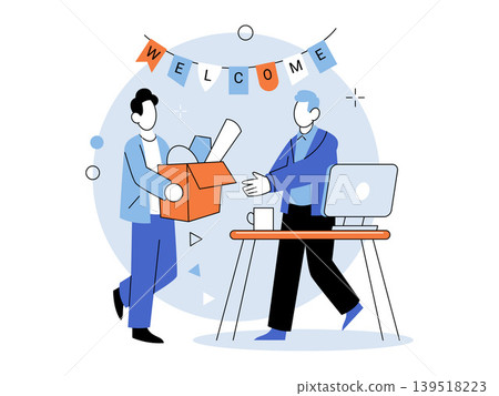 New employee carrying a box is greeted by a colleague vector illustration. Onboarding, recruitment, career start, corporate culture, hiring, workplace. Staff member holding a carton New employee carrying a box is greeted by a colleague vector illustration. Onboarding, recruitment, career start, corporate culture, hiring, workplace. Staff member holding a carton 139518223