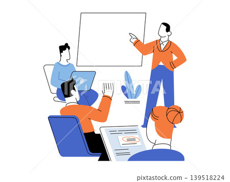 Business team meeting with speaker pointing at whiteboard vector illustration. Corporate training, office workshop, seminar, collaboration, education, planning. Employees listening to mentor Business team meeting with speaker pointing at whiteboard vector illustration. Corporate training, office workshop, seminar, collaboration, education, planning. Employees listening to mentor 139518224