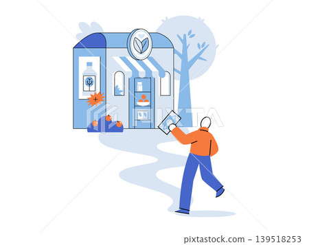 Man walking to an organic shop with a phone vector illustration. Sustainable retail, healthy living, local business, mobile payment, eco shopping, commerce. Person approaching a boutique Man walking to an organic shop with a phone vector illustration. Sustainable retail, healthy living, local business, mobile payment, eco shopping, commerce. Person approaching a boutique 139518253
