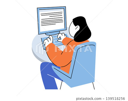 Woman sitting at a desk typing on a computer keyboard vector illustration. Remote work, freelance career, online study, coding, blogging, digital office. Female worker using a pc 139518256
