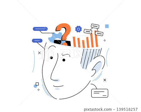 Human head with question mark and data charts vector illustration. Problem solving, critical thinking, data analysis, mental health, education, business strategy. Person profile with brain icons Human head with question mark and data charts vector illustration. Problem solving, critical thinking, data analysis, mental health, education, business strategy. Person profile with brain icons 139518257