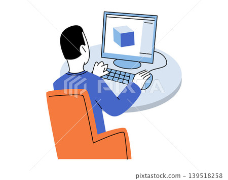 A man sits at a desk working on a 3D modeling software vector illustration. Graphic design, engineering, remote work, digital art, technology, creative process. Male artist using a workstation A man sits at a desk working on a 3D modeling software vector illustration. Graphic design, engineering, remote work, digital art, technology, creative process. Male artist using a workstation 139518258
