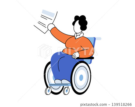 Person in wheelchair holding paper vector illustration. Disability rights, medical insurance, healthcare access, social security, legal aid, patient records. Handicapped individual with report Person in wheelchair holding paper vector illustration. Disability rights, medical insurance, healthcare access, social security, legal aid, patient records. Handicapped individual with report 139518266