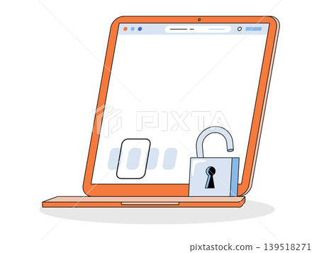 Laptop with an open padlock vector illustration. Cybersecurity, data breach, digital privacy, internet safety, network vulnerability, unauthorized access, information protection. Computer Laptop with an open padlock vector illustration. Cybersecurity, data breach, digital privacy, internet safety, network vulnerability, unauthorized access, information protection. Computer 139518271