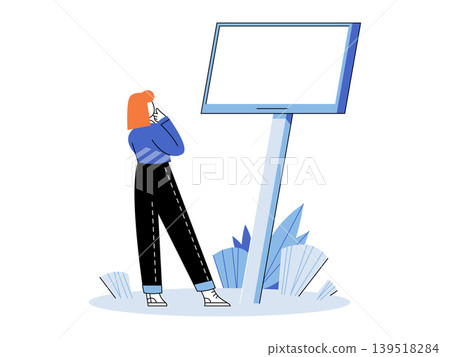 Woman looking at a blank billboard vector illustration. Marketing strategy, outdoor advertising, brand promotion, message delivery, public announcement, creative space. Female observing signboard Woman looking at a blank billboard vector illustration. Marketing strategy, outdoor advertising, brand promotion, message delivery, public announcement, creative space. Female observing signboard 139518284