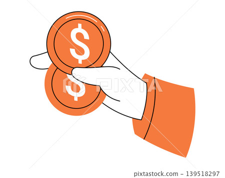 Hand holding two dollar coins vector illustration. Financial growth, payment processing, personal savings, investment strategy, donation charity, banking services. Arm palm grasping currency Hand holding two dollar coins vector illustration. Financial growth, payment processing, personal savings, investment strategy, donation charity, banking services. Arm palm grasping currency 139518297