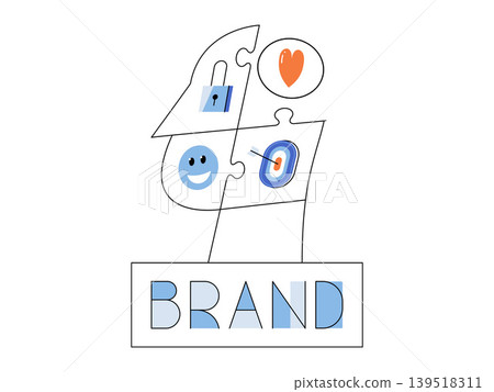 Puzzle head with icons above the word brand vector illustration. Brand identity, marketing, loyalty, growth, corporate image, target audience. Profile silhouette of jigsaw parts 139518311