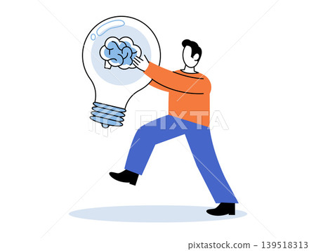Man carries a lightbulb with a brain inside vector illustration. Creative thinking, mental health, innovation, psychology, brainstorming, intelligence. Person holding a lamp with a mind Man carries a lightbulb with a brain inside vector illustration. Creative thinking, mental health, innovation, psychology, brainstorming, intelligence. Person holding a lamp with a mind 139518313