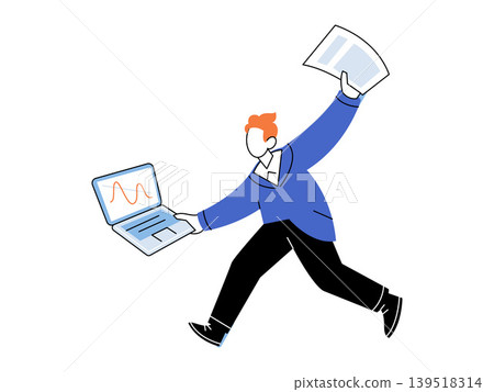 Businessman running with laptop and document vector illustration. Deadline, productivity, fast work, career growth, multitasking, stress. Office worker rushing with computer and paper Businessman running with laptop and document vector illustration. Deadline, productivity, fast work, career growth, multitasking, stress. Office worker rushing with computer and paper 139518314