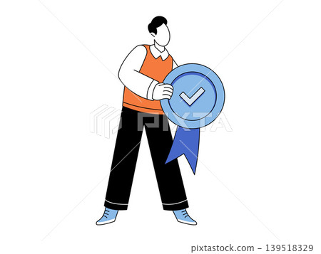 Man holding a blue quality seal with a checkmark vector illustration. Quality assurance, business success, certification, verified status, achievement, trust. Male character with award badge Man holding a blue quality seal with a checkmark vector illustration. Quality assurance, business success, certification, verified status, achievement, trust. Male character with award badge 139518329