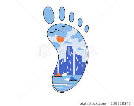 Carbon footprint with city landscape inside a foot vector illustration. Environmental impact, sustainability, urban planning, climate change, global warming, ecology. Human track with skyline Carbon footprint with city landscape inside a foot vector illustration. Environmental impact, sustainability, urban planning, climate change, global warming, ecology. Human track with skyline 139518345