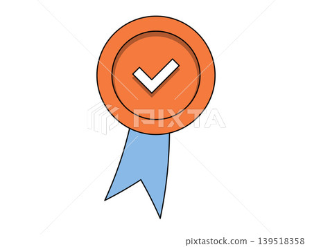 Orange medal with checkmark and blue ribbon vector illustration. Quality assurance, business success, verified service, award achievement, customer satisfaction, premium choice. Badge with tick 139518358
