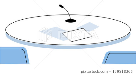 Round conference table with microphone and documents vector illustration. Business meeting, press conference, interview, negotiation, corporate talk, media event. Circular desk with mic and sheets Round conference table with microphone and documents vector illustration. Business meeting, press conference, interview, negotiation, corporate talk, media event. Circular desk with mic and sheets 139518365