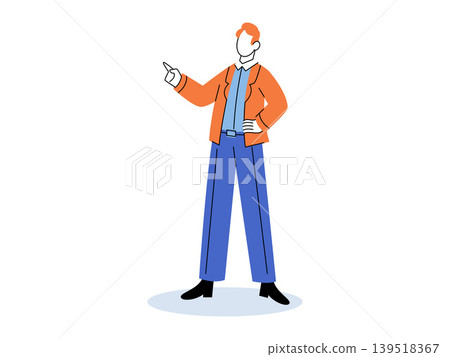 Man in orange jacket pointing finger vector illustration. Business presentation, leadership coaching, marketing strategy, corporate communication, career growth, professional advice. Male gesturing Man in orange jacket pointing finger vector illustration. Business presentation, leadership coaching, marketing strategy, corporate communication, career growth, professional advice. Male gesturing 139518367