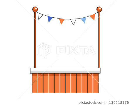 Empty market stall with colorful bunting flags vector illustration. Street food, summer fair, outdoor festival, retail marketing, carnival event, trade show. Wooden kiosk with festive garland Empty market stall with colorful bunting flags vector illustration. Street food, summer fair, outdoor festival, retail marketing, carnival event, trade show. Wooden kiosk with festive garland 139518376