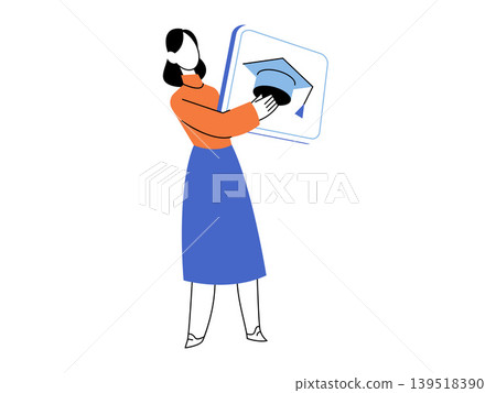 Woman holding a digital screen with a graduation cap vector illustration. Online education, e-learning, academic success, remote study, digital degree, university. Female student with a mortarboard Woman holding a digital screen with a graduation cap vector illustration. Online education, e-learning, academic success, remote study, digital degree, university. Female student with a mortarboard 139518390