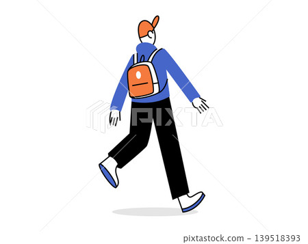 Man with backpack walking forward vector illustration. Education, travel, urban lifestyle, commuting, student life, outdoor adventure. Male traveler with rucksack moving on foot in casual wear Man with backpack walking forward vector illustration. Education, travel, urban lifestyle, commuting, student life, outdoor adventure. Male traveler with rucksack moving on foot in casual wear 139518393