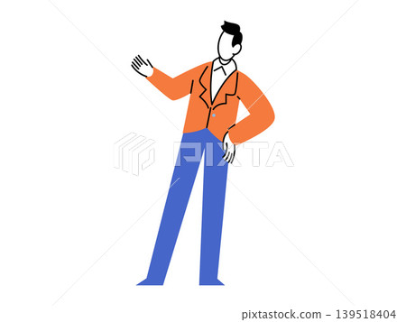 Man in orange blazer and blue pants gesturing vector illustration. Business speech, leadership, coaching, marketing, career, communication. Professional male in formal wear presenting ideas Man in orange blazer and blue pants gesturing vector illustration. Business speech, leadership, coaching, marketing, career, communication. Professional male in formal wear presenting ideas 139518404