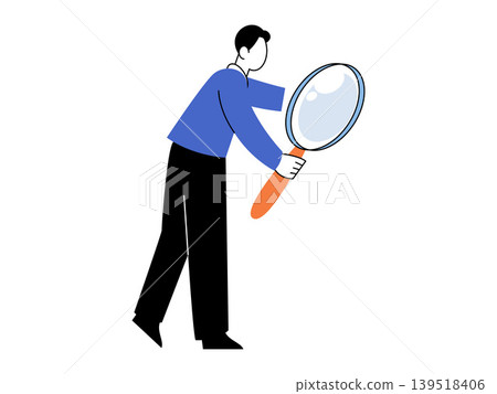 Man holding a large magnifying glass vector illustration. Market research, data analysis, recruitment, seo audit, business investigation, discovery. Male character with a handheld loupe Man holding a large magnifying glass vector illustration. Market research, data analysis, recruitment, seo audit, business investigation, discovery. Male character with a handheld loupe 139518406