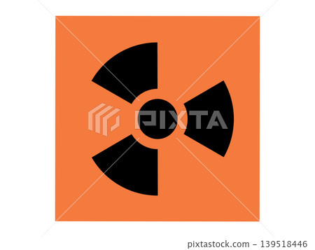 Black radioactive radiation symbol on orange square vector illustration. Nuclear energy, toxic waste, hazard warning, industrial safety, science research, environmental risk. Trefoil icon on warning Black radioactive radiation symbol on orange square vector illustration. Nuclear energy, toxic waste, hazard warning, industrial safety, science research, environmental risk. Trefoil icon on warning 139518446