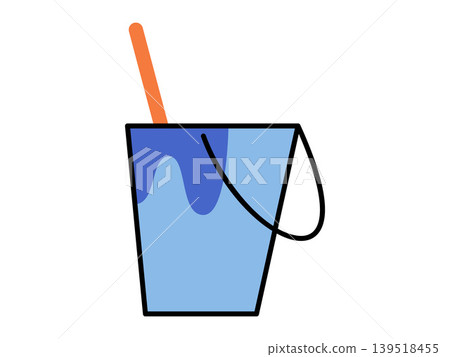 Blue paint bucket with an orange brush vector illustration. Home renovation, interior design, construction work, creative hobby, DIY project, house maintenance. Pail with liquid and stirrer Blue paint bucket with an orange brush vector illustration. Home renovation, interior design, construction work, creative hobby, DIY project, house maintenance. Pail with liquid and stirrer 139518455