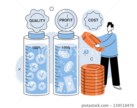 Man stacking coins near tubes showing quality and profit vector illustration. Strategic planning budget optimization growth revenue asset control risk. Person piling money by glass cylinders 139518478
